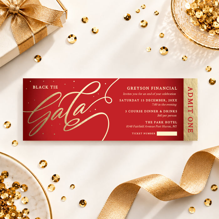 Red gala ticket with flowing gold script and an Admit One strip, styled with gold ribbon and a wrapped gift.