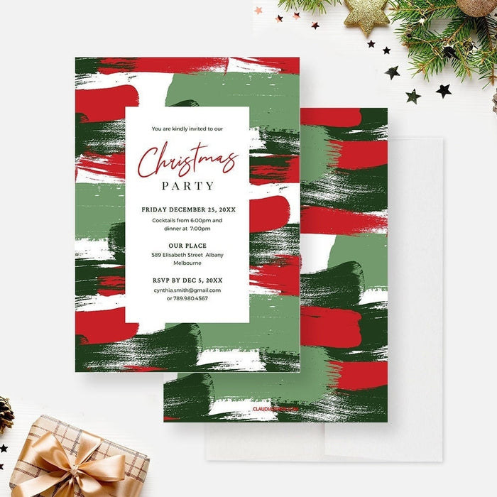 Digital Christmas party invitation featuring bold red and green paint stroke artwork, designed for holiday gatherings and festive celebrations.