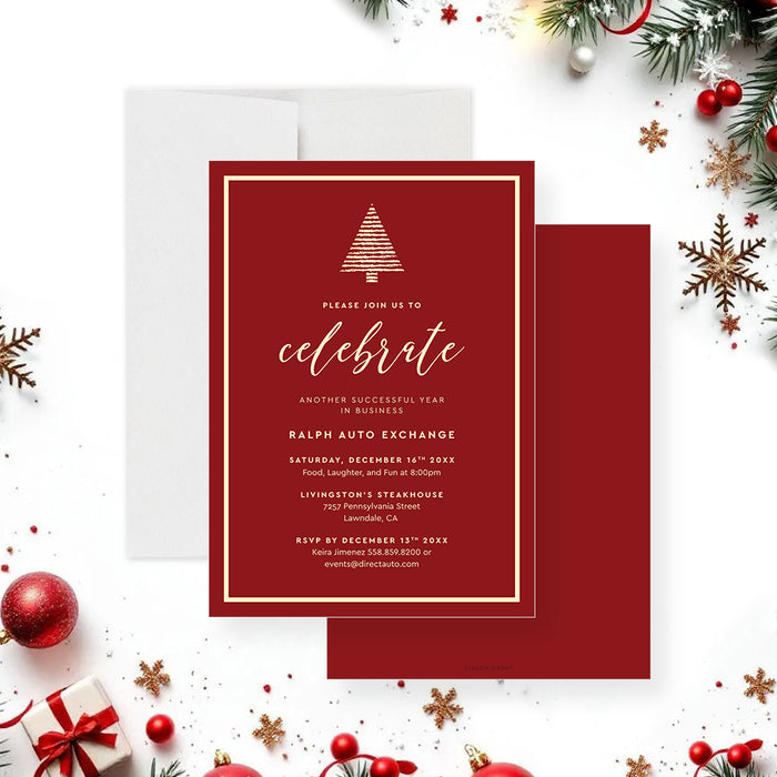 elegant red and gold business year-end party invitation with minimalist Christmas tree design-front-back