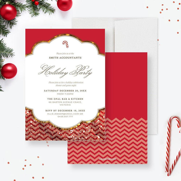 Red holiday party invitation template featuring a festive Christmas design perfect for office parties, family dinners, and digital holiday celebrations.