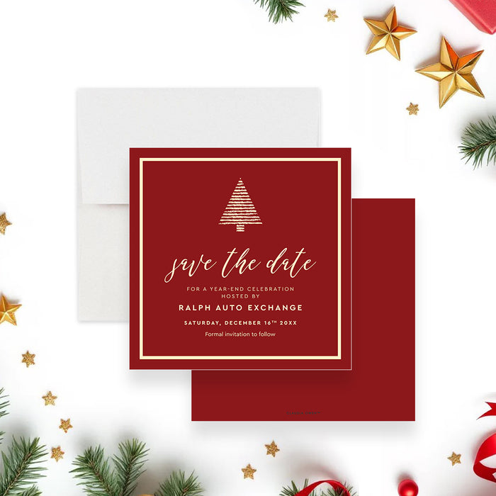 elegant red and gold holiday save the date card with minimalist Christmas tree for business year-end events-front-back