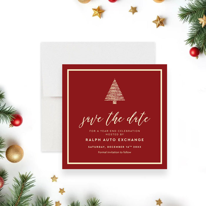 elegant red and gold holiday save the date card with minimalist Christmas tree for business year-end events-front