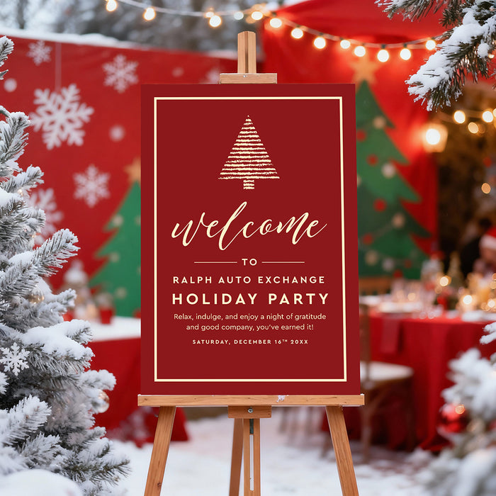 elegant red and gold personalized holiday welcome sign with Christmas tree design for corporate event entrance
