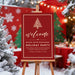 elegant red and gold personalized holiday welcome sign with Christmas tree design for corporate event entrance