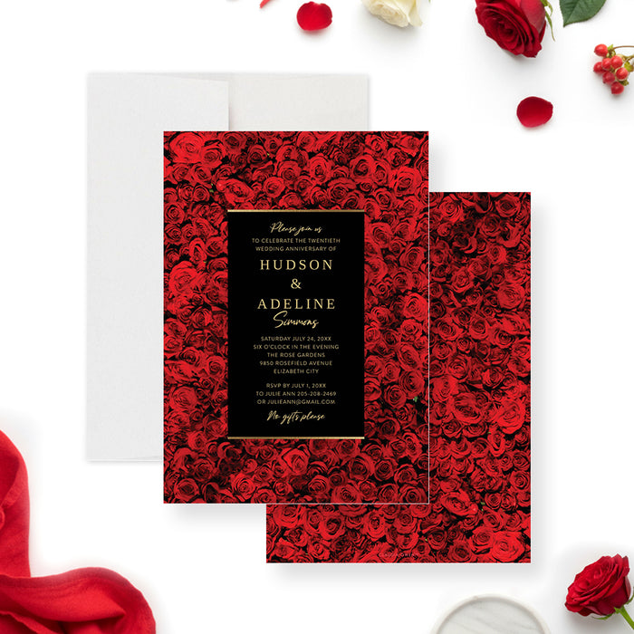 wedding anniversary party invitation with red rose background and black gold elegant design-front-back