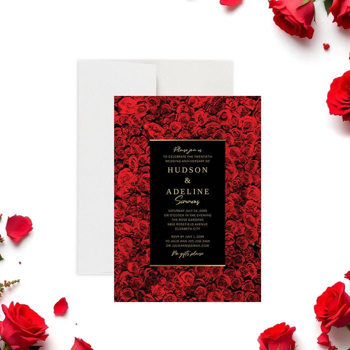wedding anniversary party invitation with red rose background and black gold elegant design-front