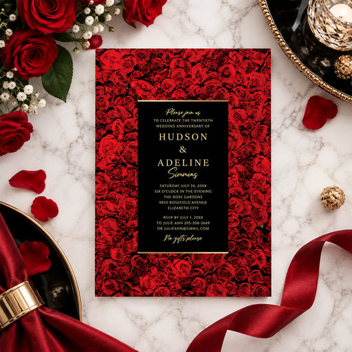 wedding anniversary party invitation with red rose background and black gold elegant design-front