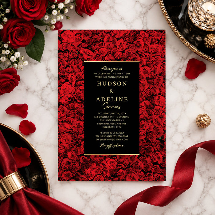wedding anniversary party invitation with red rose background and black gold elegant design-front