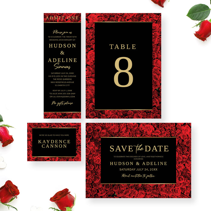 Wedding Anniversary Party Invitation Red Rose Elegant Black Gold Invite
