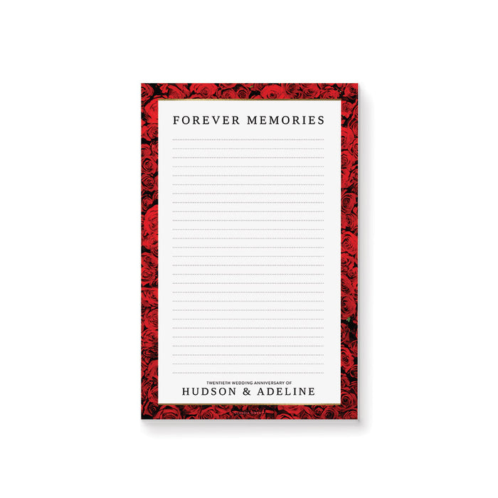 personalized red rose notepad with floral border design and custom name on lined stationery pad