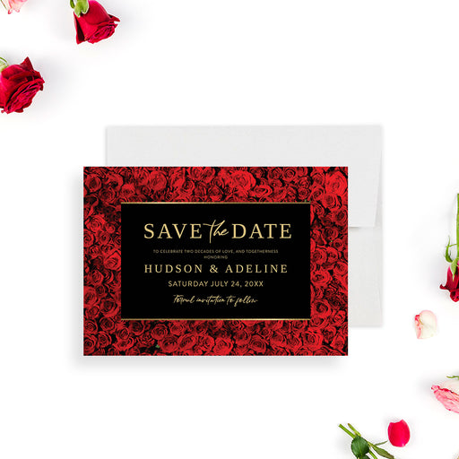 wedding anniversary save the date card with red rose background and black elegant design-front