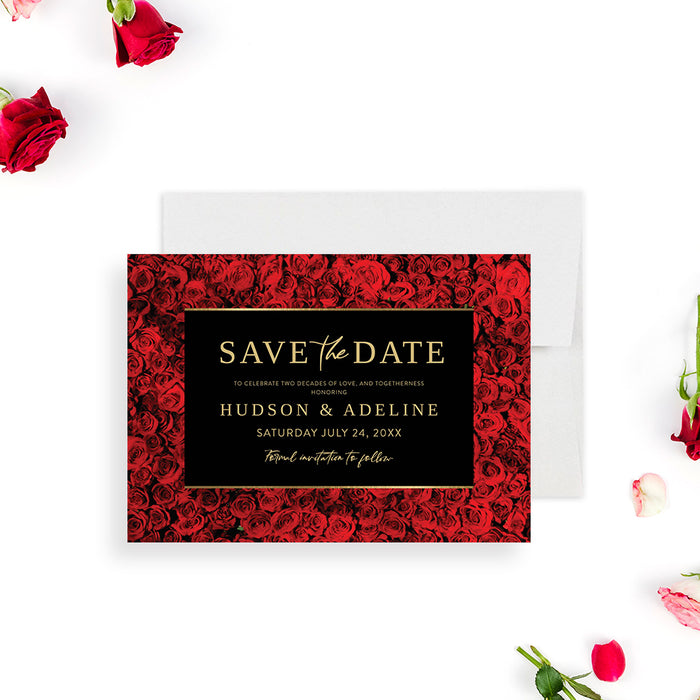 wedding anniversary save the date card with red rose background and black elegant design-front