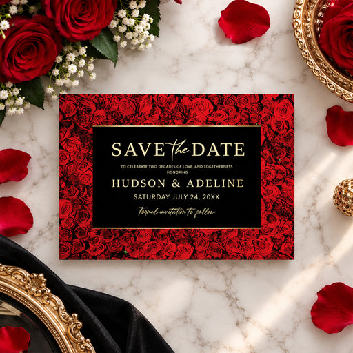 wedding anniversary save the date card with red rose background and black elegant design-front