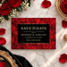 wedding anniversary save the date card with red rose background and black elegant design-front
