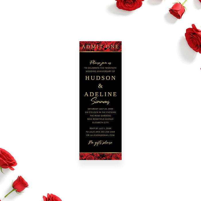 wedding anniversary ticket invitation with red rose design and black elegant layout in ticket format