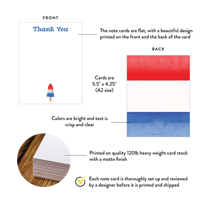 Front and back of red white and blue ice pop thank you note cards showing A2 dimensions and matte cardstock details.