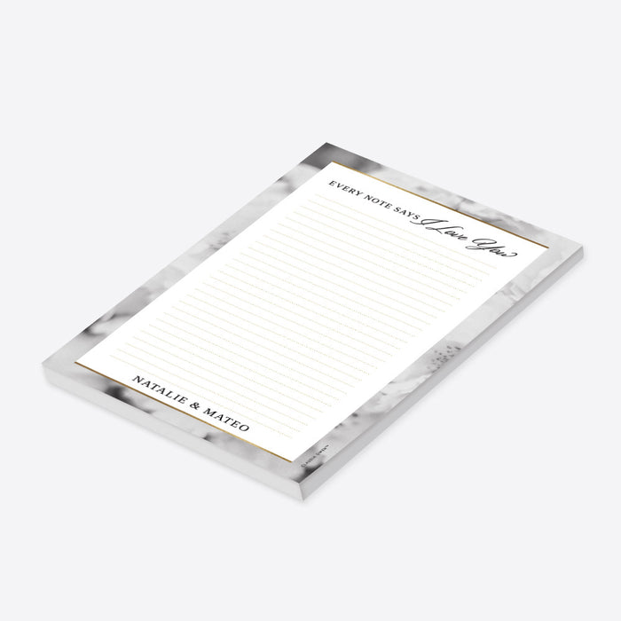personalized romantic floral notepad with lined pages, custom names, and love note message-side