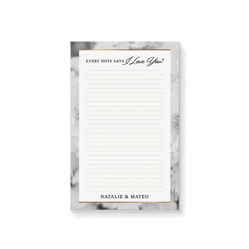 personalized romantic floral notepad with lined pages, custom names, and love note message