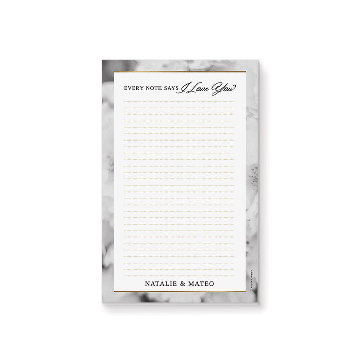 personalized romantic floral notepad with lined pages, custom names, and love note message