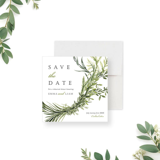 Botanical greenery save the date card with elegant foliage design for a rehearsal dinner celebration-front