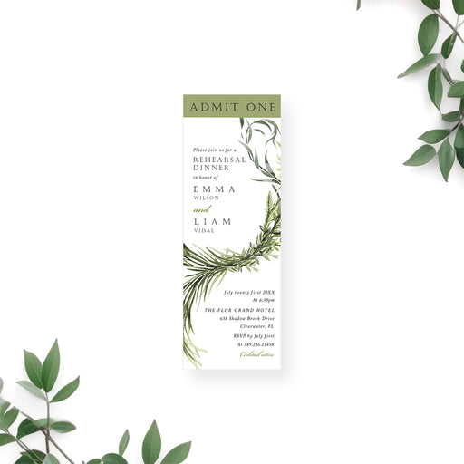 Botanical greenery rehearsal dinner ticket invitation with elegant foliage design for a modern wedding event.