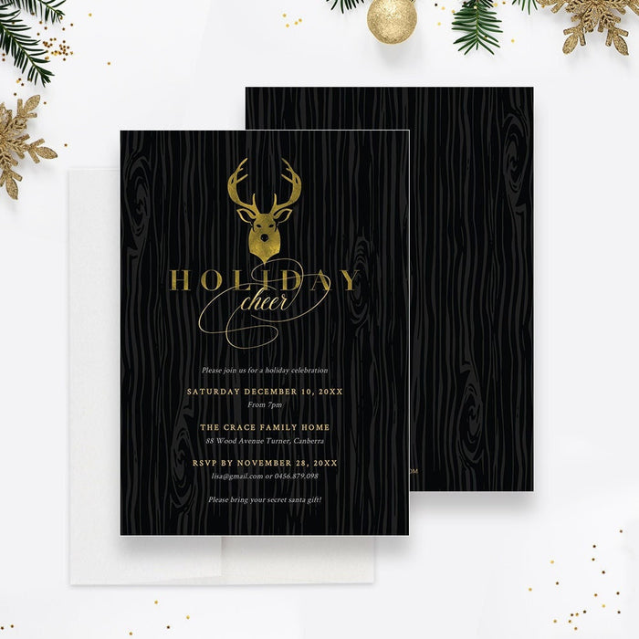 Holiday party invitation featuring a festive reindeer illustration and elegant Christmas design, perfect for work events and seasonal celebrations.