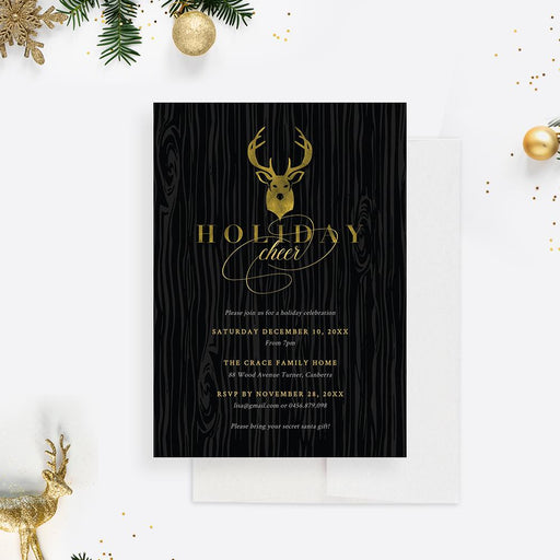 Holiday party invitation featuring a festive reindeer illustration and elegant Christmas design, perfect for work events and seasonal celebrations.
