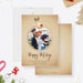 Front and back of the reindeer holiday photo card template with a round family photo and warm beige coloring.