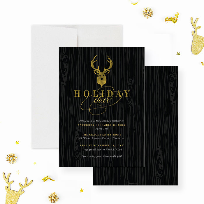 holiday party invitation with reindeer design and dark woodgrain background elegant Christmas party-front-back