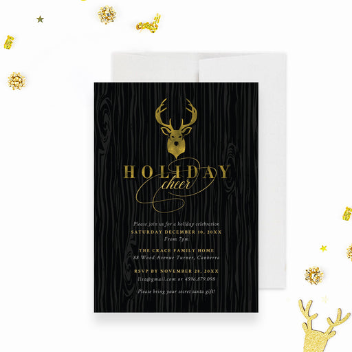 holiday party invitation with reindeer design and dark woodgrain background elegant Christmas party-front