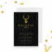 holiday party invitation with reindeer design and dark woodgrain background elegant Christmas party-front