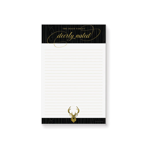 Elegant holiday notepad with deer design, woodgrain accents, and lined pages for festive stationery and Christmas gifts. 