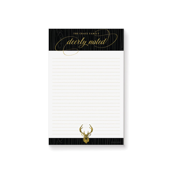Elegant holiday notepad with deer design, woodgrain accents, and lined pages for festive stationery and Christmas gifts. 
