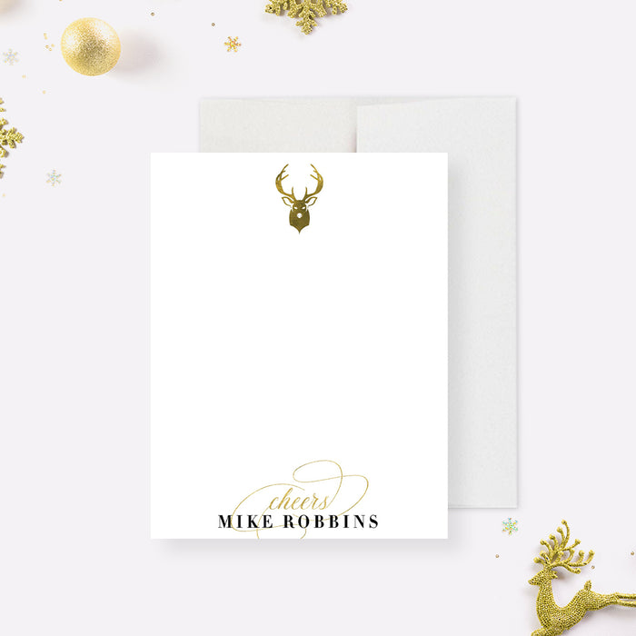 personalized holiday note card with gold deer head and elegant script typography Christmas stationery design-front