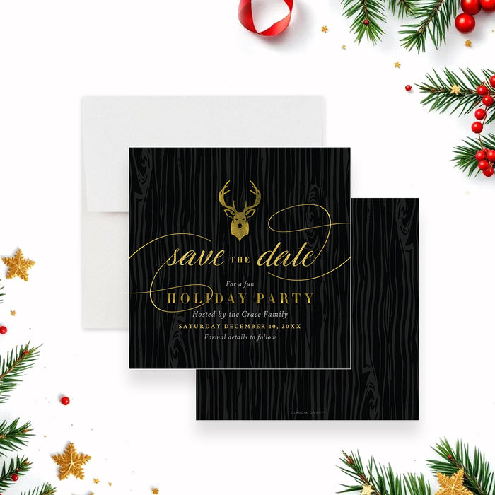 holiday save the date card with gold reindeer design on a dark woodgrain background-front-back