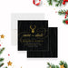 holiday save the date card with gold reindeer design on a dark woodgrain background-front-back