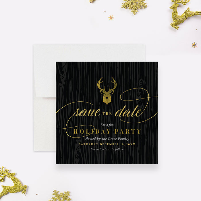 holiday save the date card with gold reindeer design on a dark woodgrain background-front
