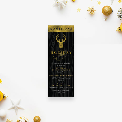 holiday ticket invitation with gold reindeer design on a dark woodgrain background for elegant Christmas party