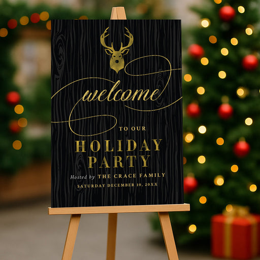 elegant holiday welcome sign with reindeer design on a dark woodgrain background for Christmas party décor.