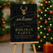 elegant holiday welcome sign with reindeer design on a dark woodgrain background for Christmas party décor.
