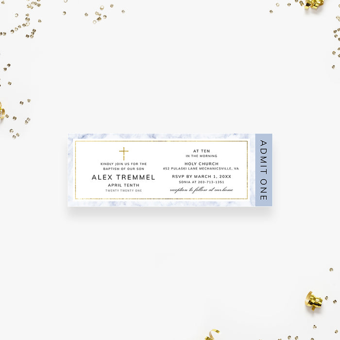 Elegant Baptism Ticket Invitation with Golden Cross and Marble Design, Christening Ticket, Confirmation Ticket Invites, Catholic First Holy Communion Ticket Card