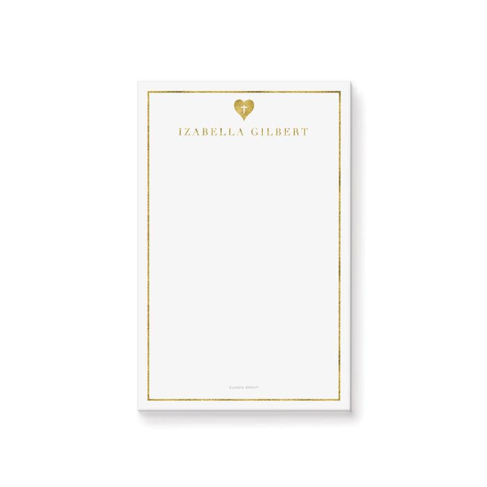 Elegant Religious Notepad with Gold Heart and Cross, Baptism Party Favor, Personalized Gift for Christians, Stationery Writing Paper Pad for Catholics