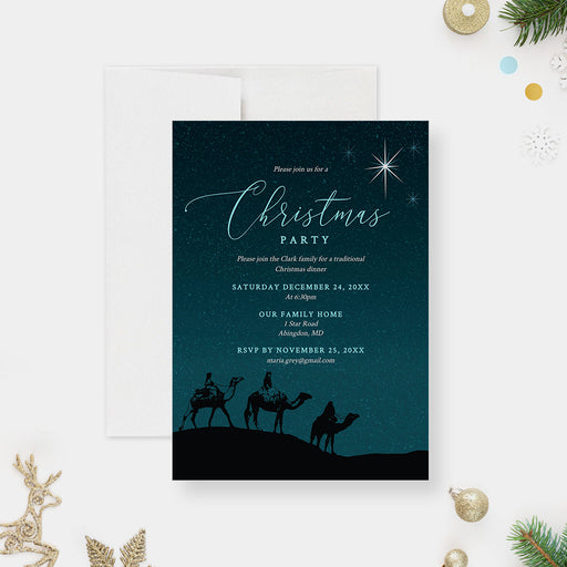 Religious Christmas party invitation template with Three Kings and Star of Bethlehem