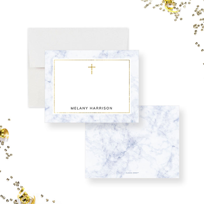 Elegant Christian Note Card with Golden Cross and Marble Design, Baptism Thank You Card, Personalized Religious Gifts, Catholic Stationery Correspondence Card
