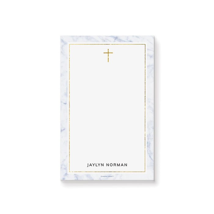 Elegant Christian Notepad with Golden Cross and Marble Design, Catholic Stationery Writing Paper Pad, Baptism Party Favor, Personalized Religious Gifts