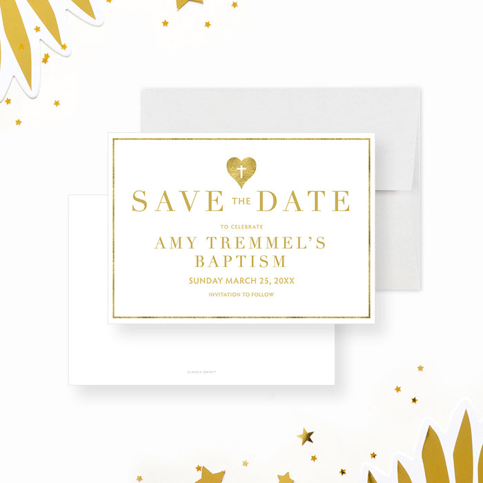 Elegant Baptism Save the Date Card with Gold Heart and Cross, Formal Christening Save the Date for Boys and Girls, Simple Religious Save the Dates