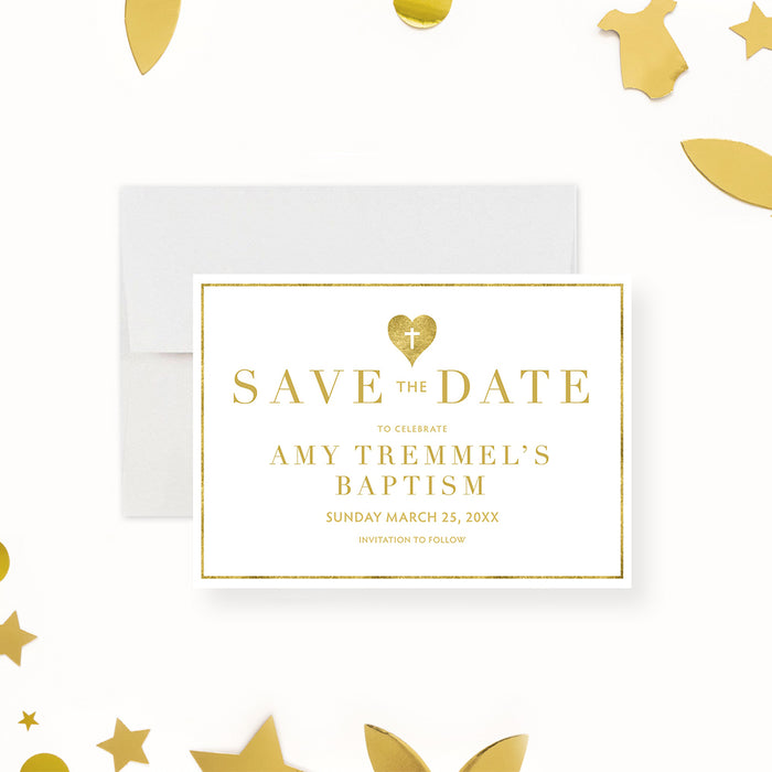 Elegant Baptism Save the Date Card with Gold Heart and Cross, Formal Christening Save the Date for Boys and Girls, Simple Religious Save the Dates