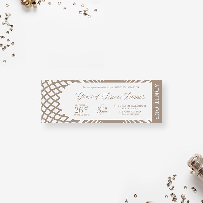 Years of Service Dinner Ticket Invitation Card with Beige Intricate Circular Pattern, Retirement Dinner Ticket Invites