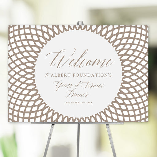 Elegant company anniversary dinner welcome sign with intricate beige circle pattern, ideal for corporate events and milestone celebrations.