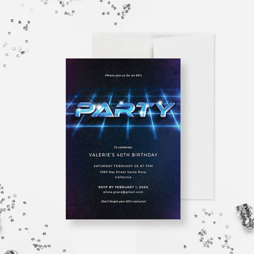 Retro 80s birthday party invitation with blue grid artwork and bold Party lettering on a dark background.